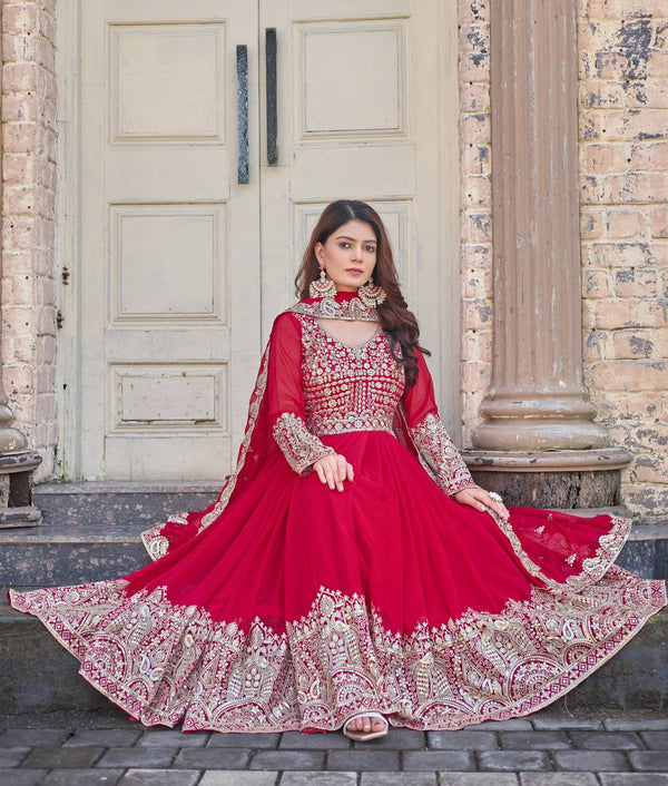 Rani Pink Elegant Embroidered Faux Georgette Gown Set with Dupatta & Chudidar – Fully Stitched Ensemble with 5mm Sequins Work & Tassel Sleeves ClothsVilla
