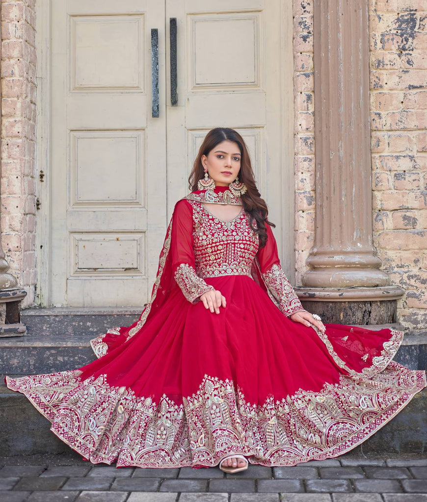 Rani Pink Elegant Embroidered Faux Georgette Gown Set with Dupatta & Chudidar – Fully Stitched Ensemble with 5mm Sequins Work & Tassel Sleeves ClothsVilla