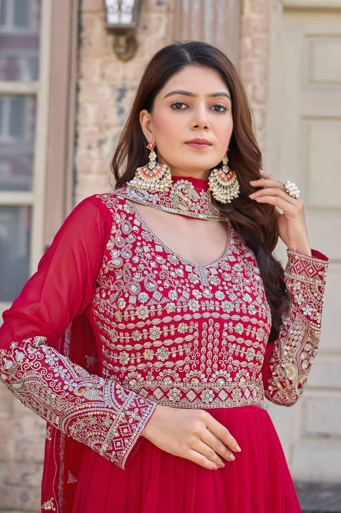 Rani Pink Elegant Embroidered Faux Georgette Gown Set with Dupatta & Chudidar – Fully Stitched Ensemble with 5mm Sequins Work & Tassel Sleeves ClothsVilla