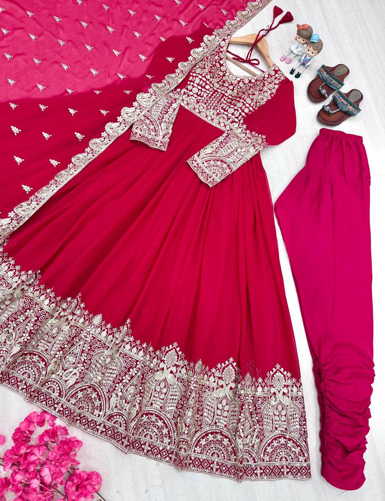 Rani Pink Elegant Embroidered Faux Georgette Gown Set with Dupatta & Chudidar – Fully Stitched Ensemble with 5mm Sequins Work & Tassel Sleeves ClothsVilla