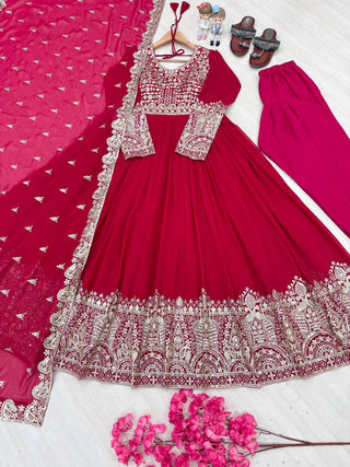 Rani Pink Elegant Embroidered Faux Georgette Gown Set with Dupatta & Chudidar – Fully Stitched Ensemble with 5mm Sequins Work & Tassel Sleeves ClothsVilla