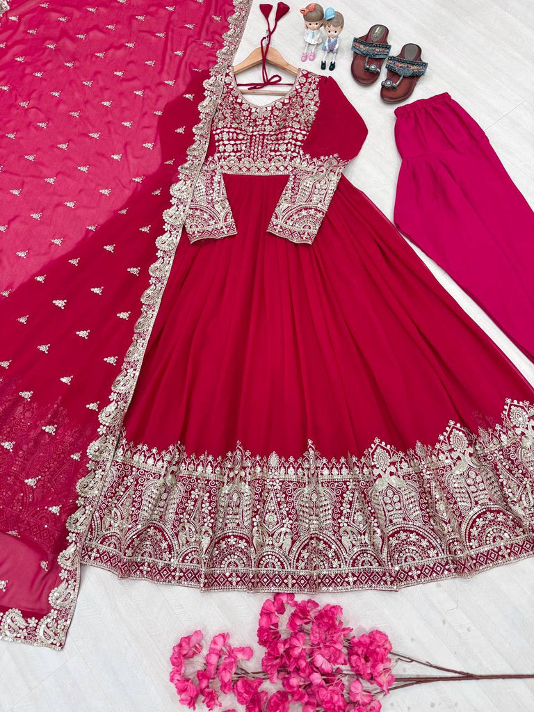 Rani Pink Elegant Embroidered Faux Georgette Gown Set with Dupatta & Chudidar – Fully Stitched Ensemble with 5mm Sequins Work & Tassel Sleeves ClothsVilla