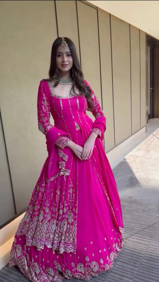 Rani Pink Elegant Faux Georgette Thread & Sequin Work Lehenga Set with Dupatta – Fully Stitched ClothsVilla