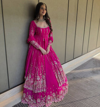 Rani Pink Elegant Faux Georgette Thread & Sequin Work Lehenga Set with Dupatta – Fully Stitched ClothsVilla