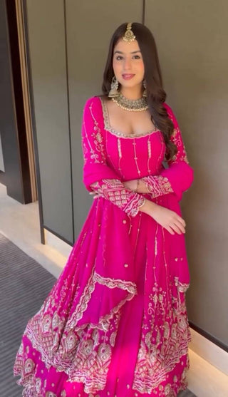 Rani Pink Elegant Faux Georgette Thread & Sequin Work Lehenga Set with Dupatta – Fully Stitched ClothsVilla