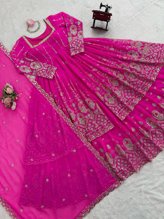 Rani Pink Elegant Faux Georgette Thread & Sequin Work Lehenga Set with Dupatta – Fully Stitched ClothsVilla
