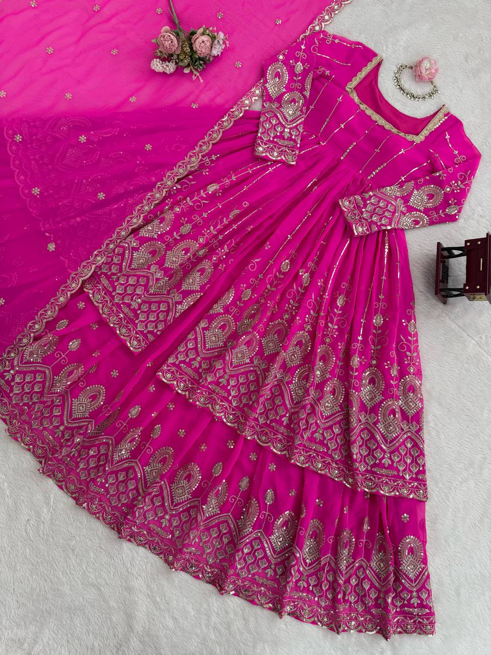 Rani Pink Elegant Faux Georgette Thread & Sequin Work Lehenga Set with Dupatta – Fully Stitched ClothsVilla
