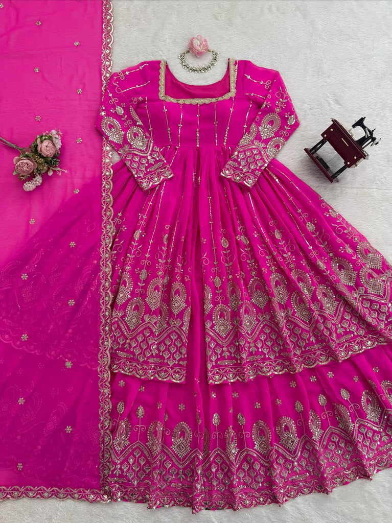 Rani Pink Elegant Faux Georgette Thread & Sequin Work Lehenga Set with Dupatta – Fully Stitched ClothsVilla