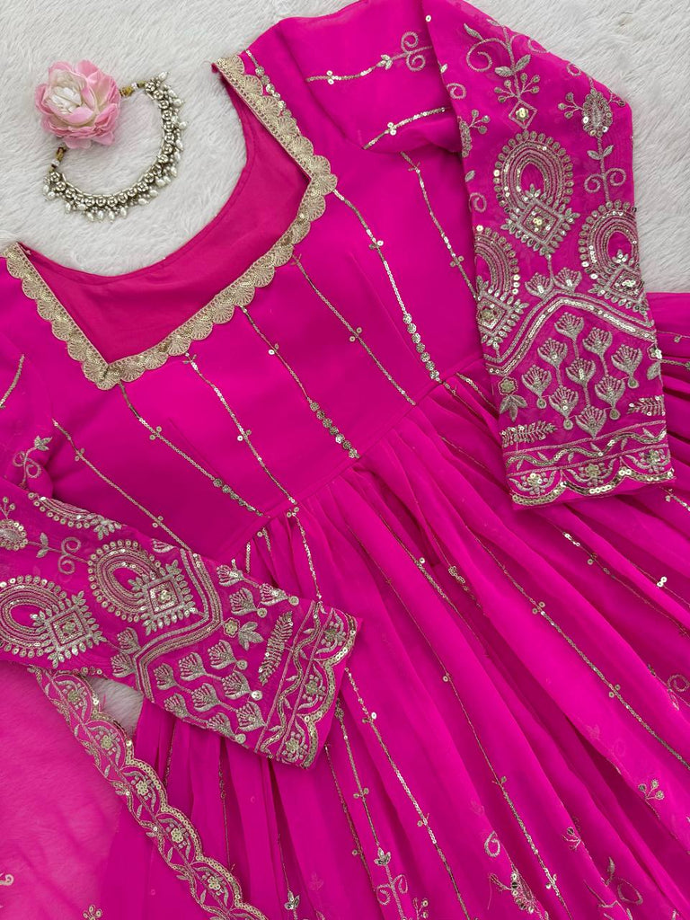 Rani Pink Elegant Faux Georgette Thread & Sequin Work Lehenga Set with Dupatta – Fully Stitched ClothsVilla