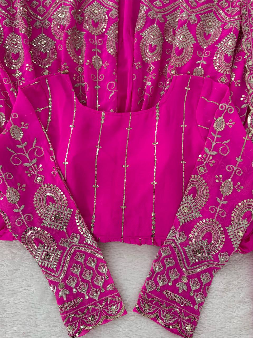 Rani Pink Elegant Faux Georgette Thread & Sequin Work Lehenga Set with Dupatta – Fully Stitched ClothsVilla