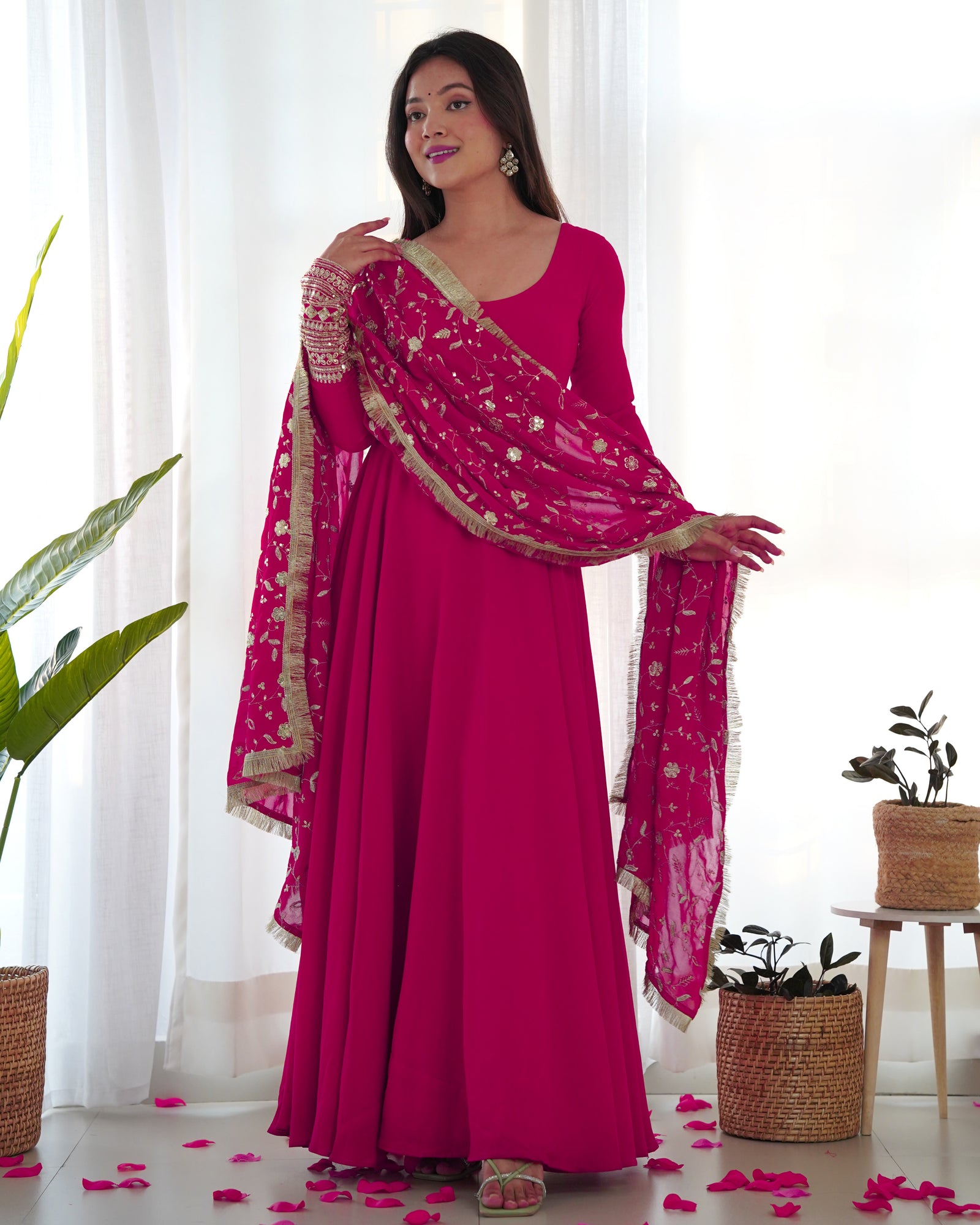 Rani Pink Elegant Georgette Anarkali Gown Set – Festive & Wedding Ready