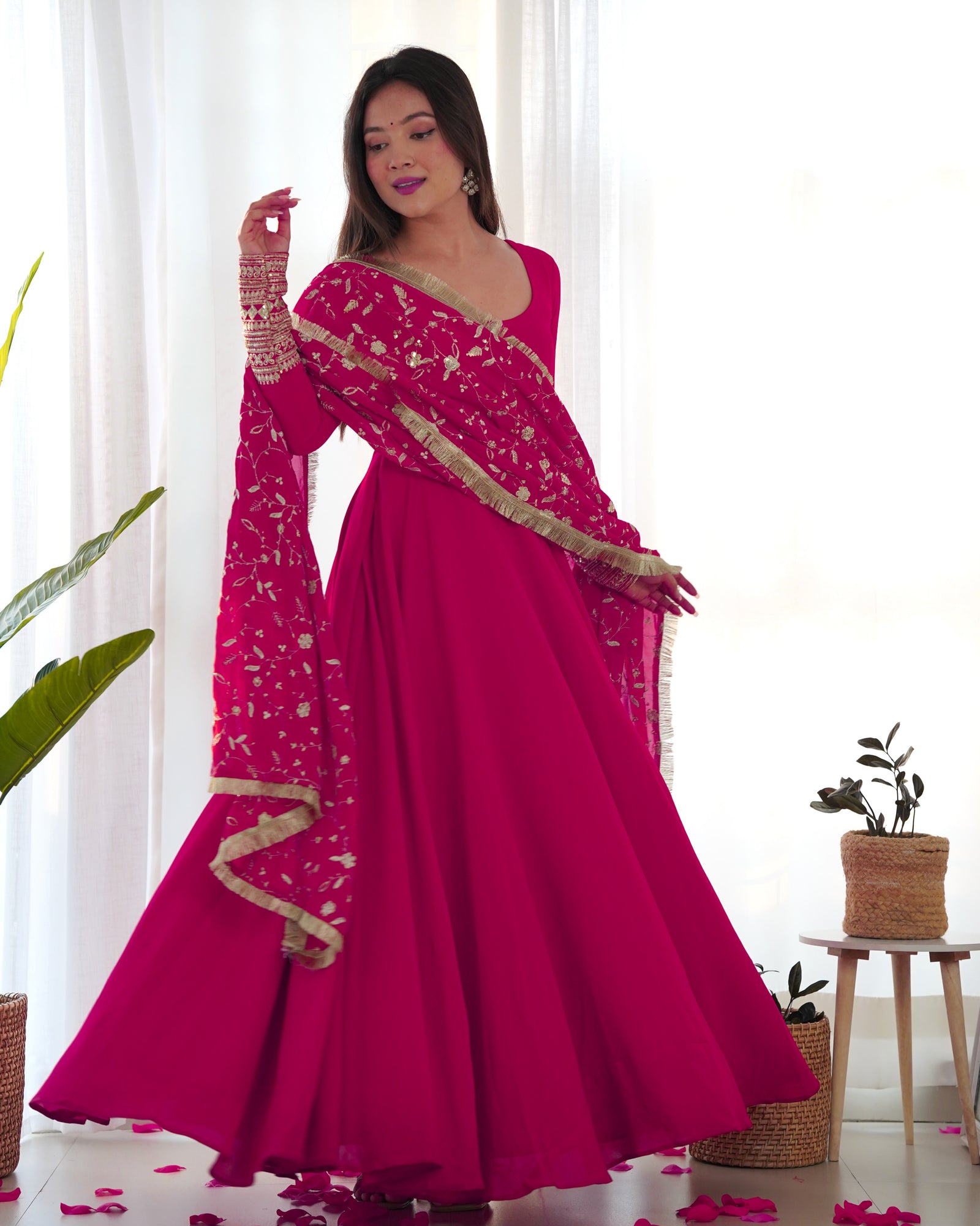 Rani Pink Elegant Georgette Anarkali Gown Set – Festive & Wedding Ready