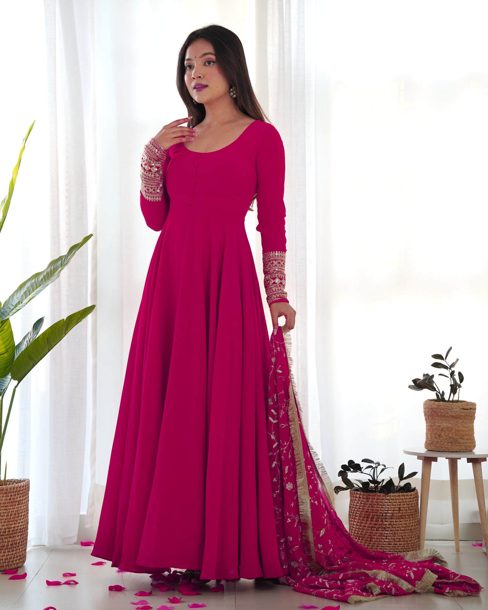 Rani Pink Elegant Georgette Anarkali Gown Set – Festive & Wedding Ready