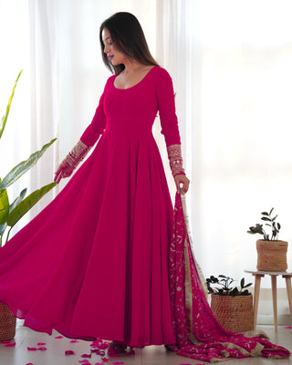 Rani Pink Elegant Georgette Anarkali Gown Set – Festive & Wedding Ready
