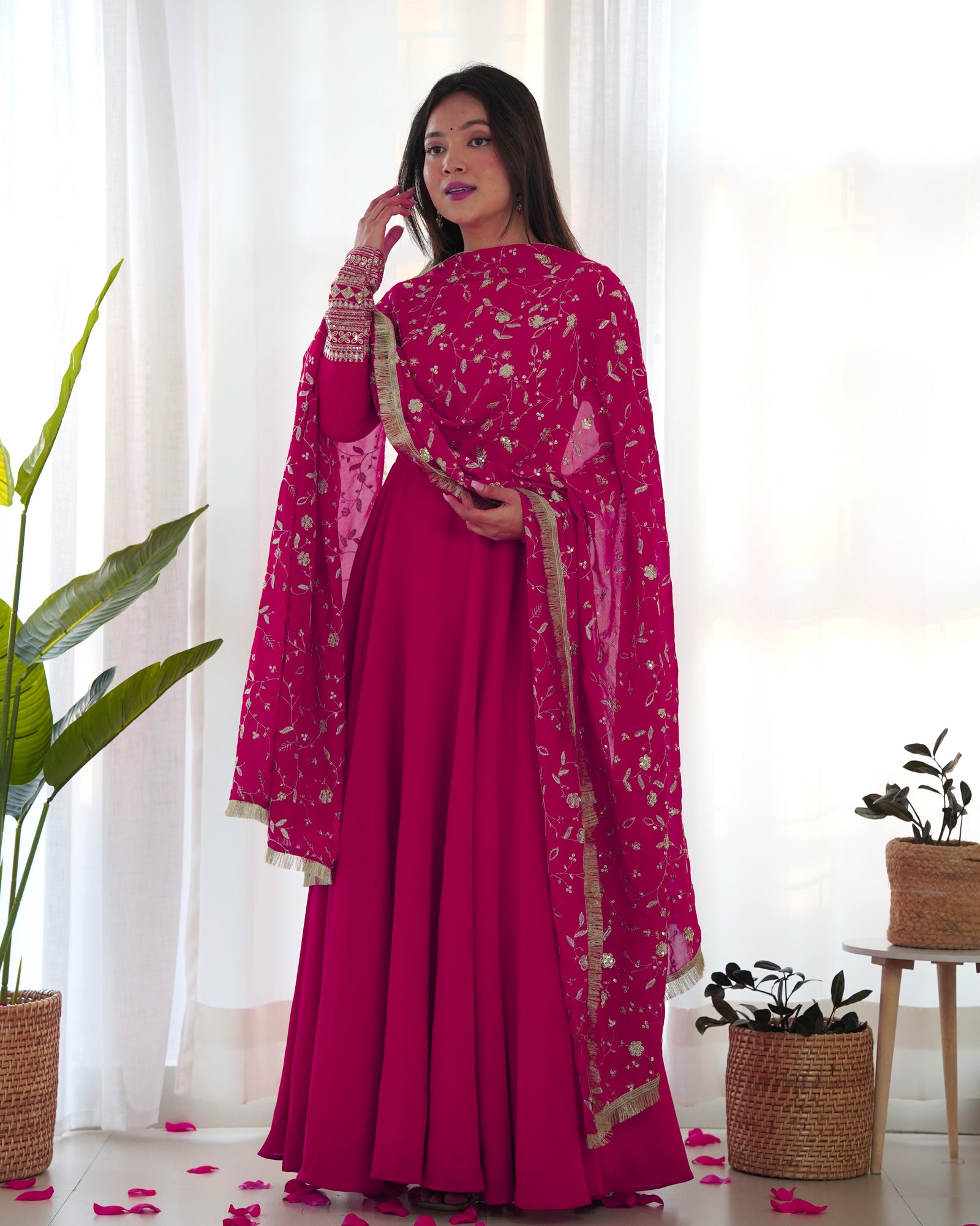 Rani Pink Elegant Georgette Anarkali Gown Set – Festive & Wedding Ready