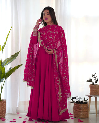 Rani Pink Elegant Georgette Anarkali Gown Set – Festive & Wedding Ready