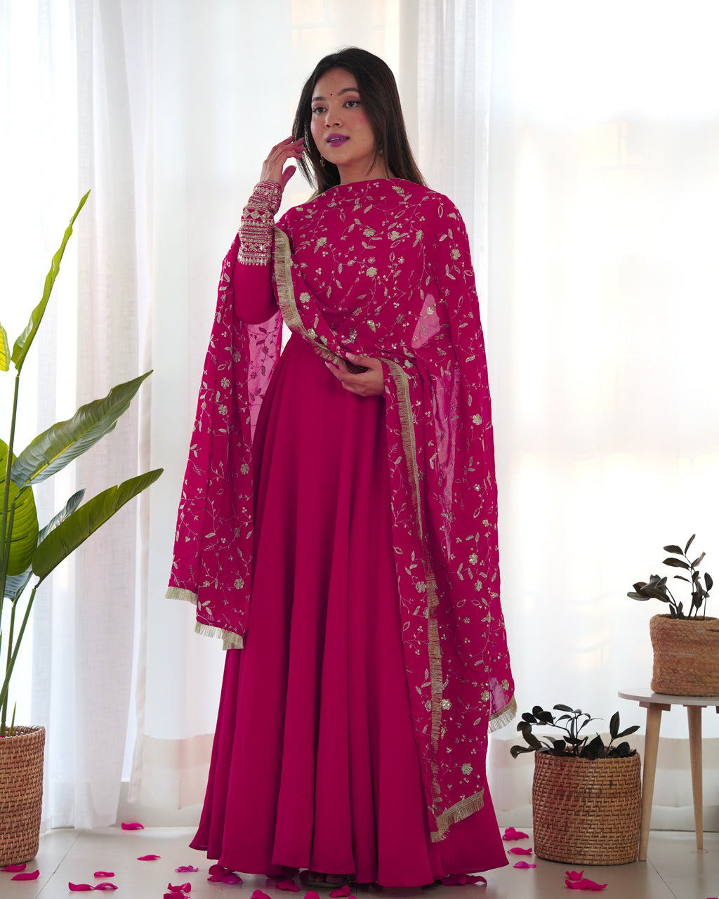 Rani Pink Elegant Georgette Anarkali Gown Set – Festive & Wedding Ready