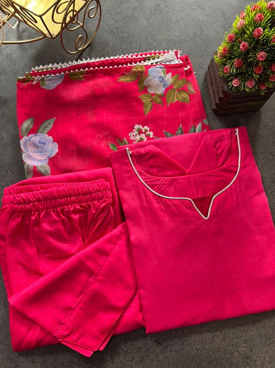 Rani Pink Elegant Kurta Set with Floral Dupatta – Pure Maska Cotton Silk
