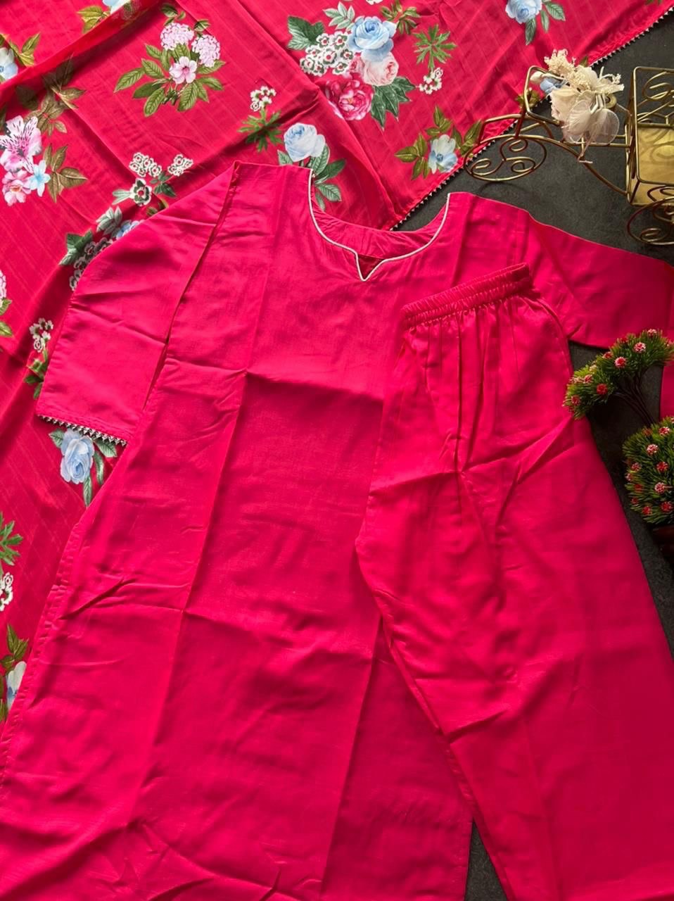Rani Pink Elegant Kurta Set with Floral Dupatta – Pure Maska Cotton Silk