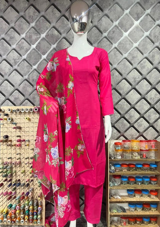 Rani Pink Elegant Kurta Set with Floral Dupatta – Pure Maska Cotton Silk