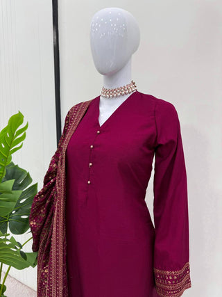 Rani Pink Elegant Monsoon Silk Embroidered Suit Set ClothsVilla