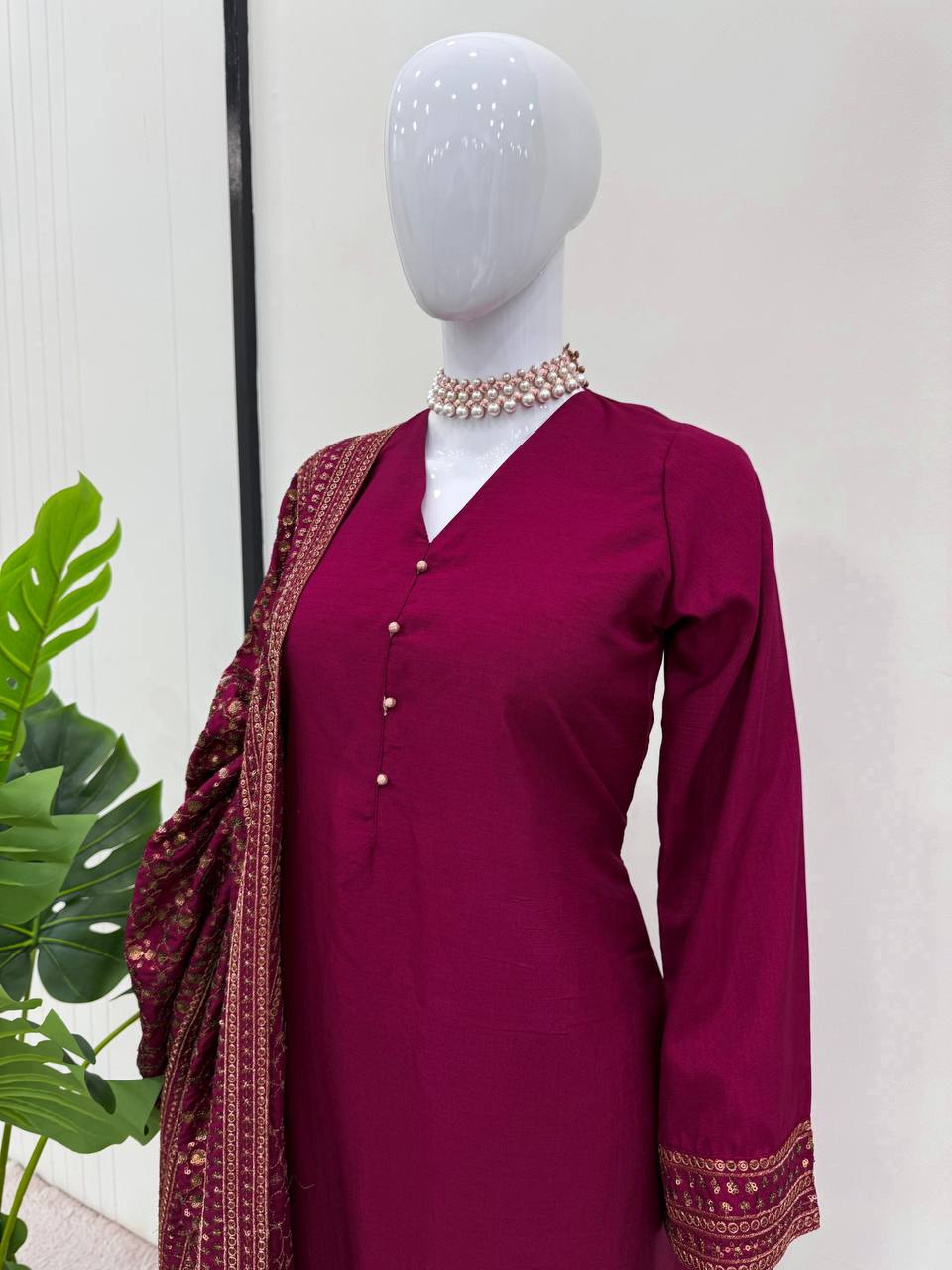 Rani Pink Elegant Monsoon Silk Embroidered Suit Set ClothsVilla