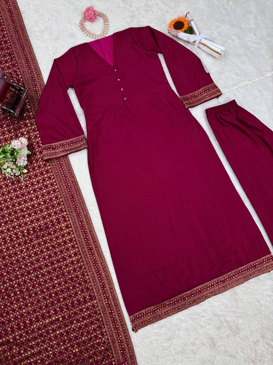 Rani Pink Elegant Monsoon Silk Embroidered Suit Set ClothsVilla