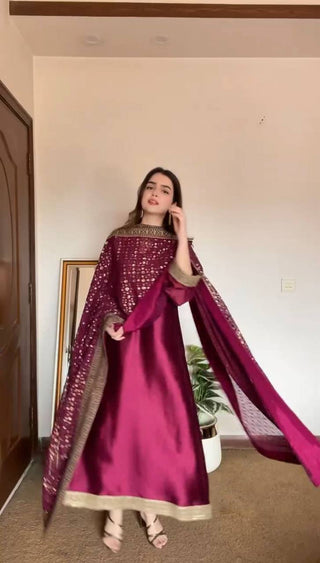 Rani Pink Elegant Monsoon Silk Embroidered Suit Set ClothsVilla