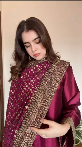Rani Pink Elegant Monsoon Silk Embroidered Suit Set ClothsVilla
