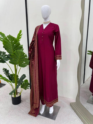 Rani Pink Elegant Monsoon Silk Embroidered Suit Set ClothsVilla