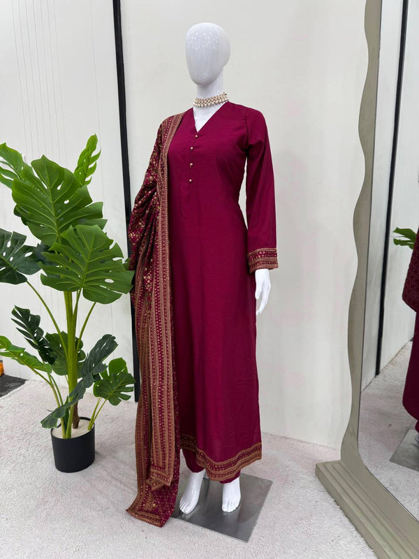 Rani Pink Elegant Monsoon Silk Embroidered Suit Set ClothsVilla