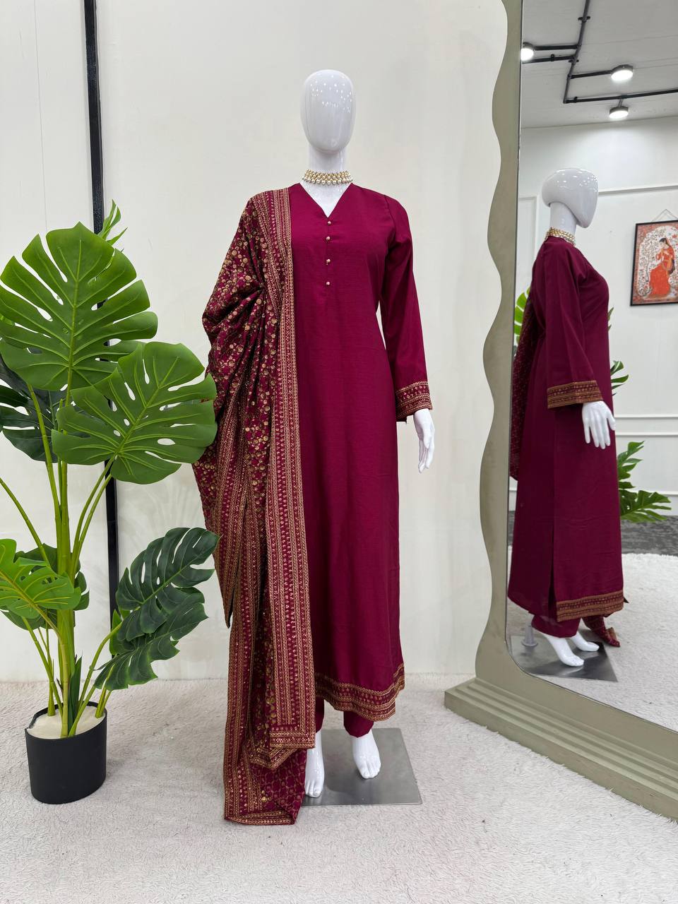 Rani Pink Elegant Monsoon Silk Embroidered Suit Set ClothsVilla