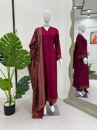 Rani Pink Elegant Monsoon Silk Embroidered Suit Set ClothsVilla