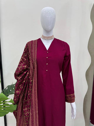 Rani Pink Elegant Monsoon Silk Embroidered Suit Set ClothsVilla