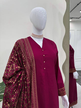 Rani Pink Elegant Monsoon Silk Embroidered Suit Set ClothsVilla