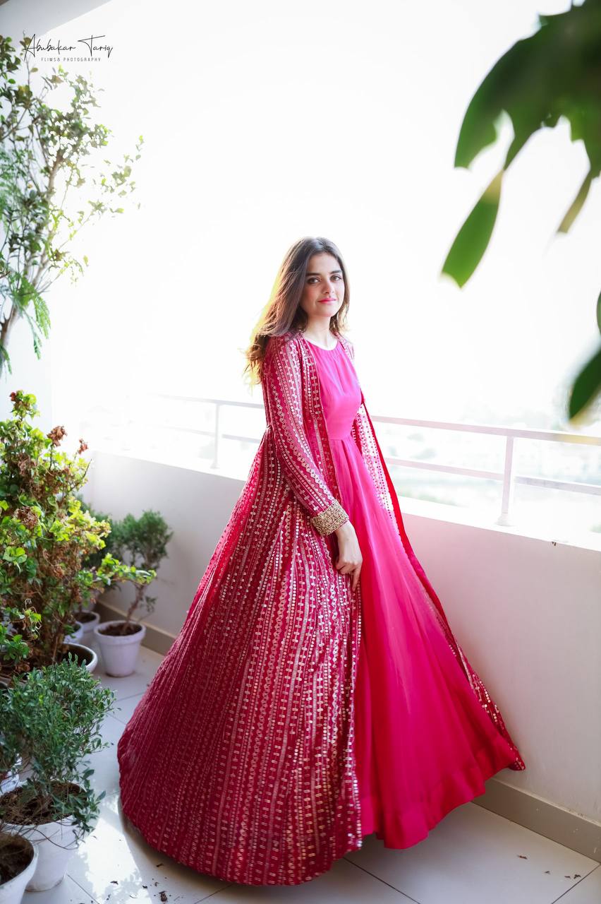 Rani Pink Elegant Party Wear Gown & Long Koti Set with Embroidery and Sequins Clothsvilla
