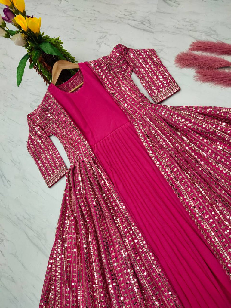 Rani Pink Elegant Party Wear Gown & Long Koti Set with Embroidery and Sequins Clothsvilla