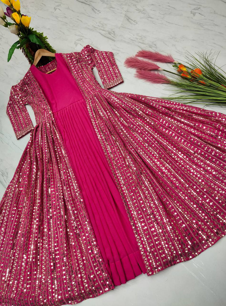 Rani Pink Elegant Party Wear Gown & Long Koti Set with Embroidery and Sequins Clothsvilla