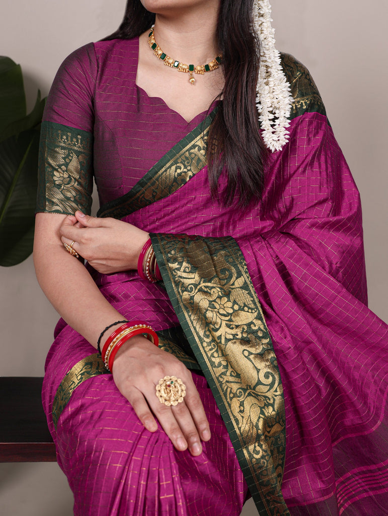 Rani Pink Elegant Poly Cotton Saree with Chex Zari Weaving ClothsVilla
