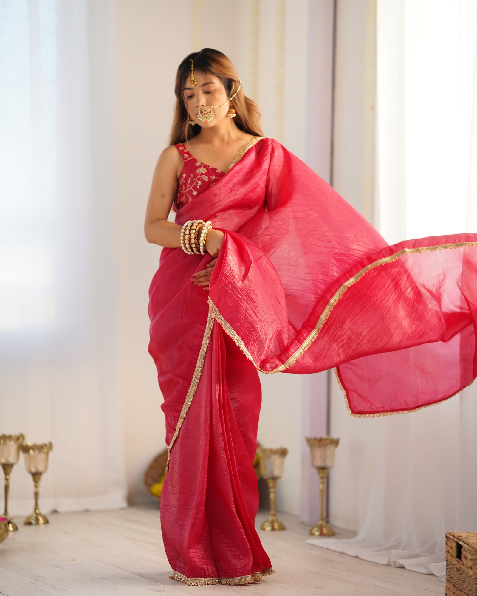 Rani Pink Elegant Ready-to-Wear Gold Crush Tissue Silk Saree with Fully Stitched Blouse - Premium Quality