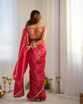 Rani Pink Elegant Ready-to-Wear Gold Crush Tissue Silk Saree with Fully Stitched Blouse - Premium Quality