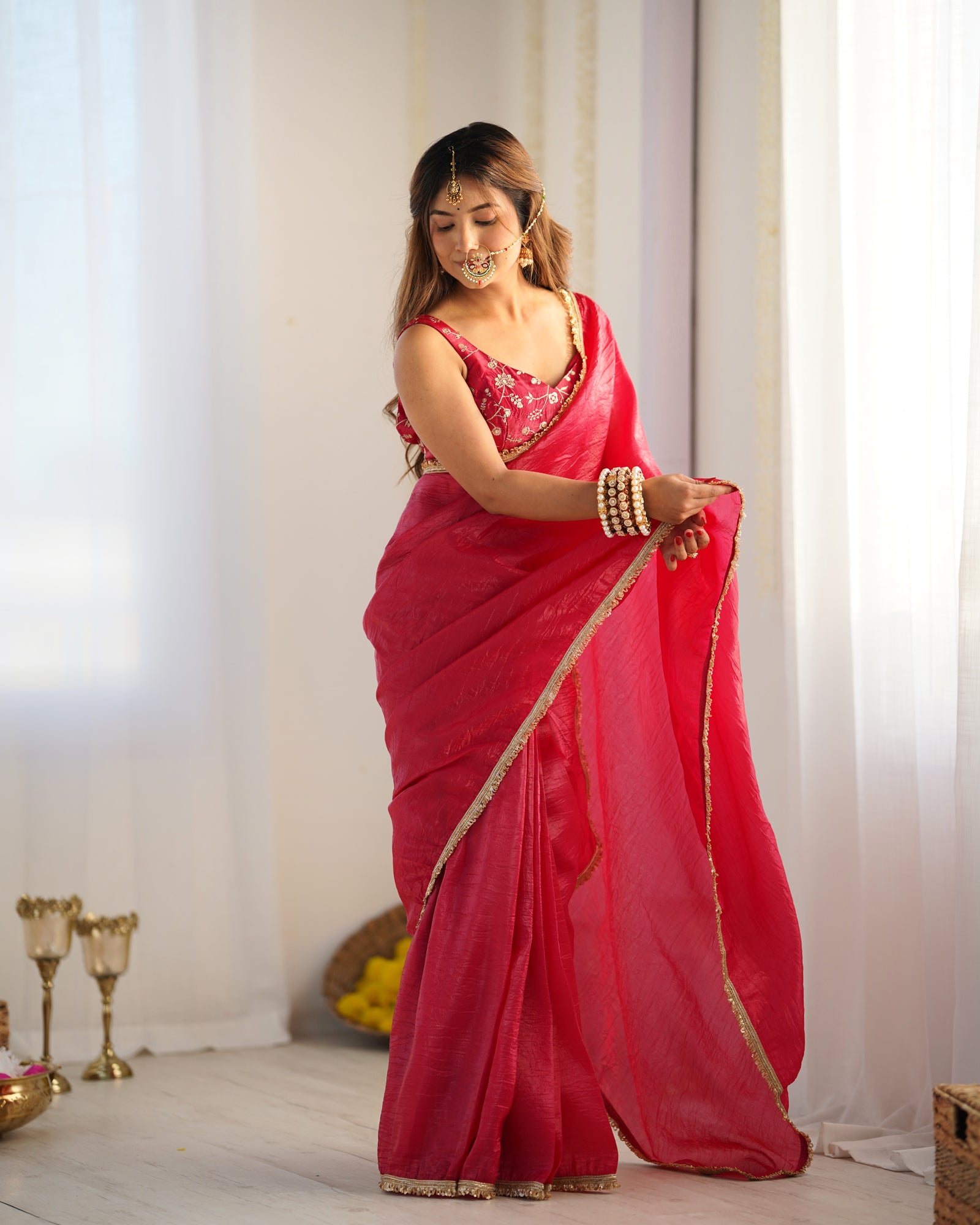 Rani Pink Elegant Ready-to-Wear Gold Crush Tissue Silk Saree with Fully Stitched Blouse - Premium Quality