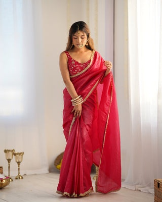 Rani Pink Elegant Ready-to-Wear Gold Crush Tissue Silk Saree with Fully Stitched Blouse - Premium Quality