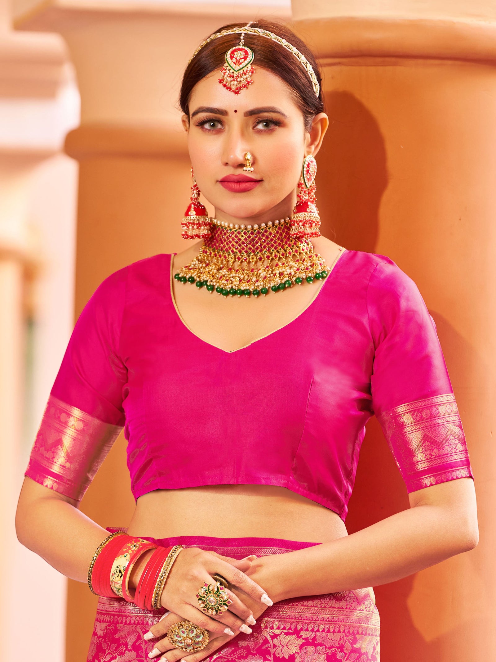 Rani Pink Elegant Silk Patola Printed Saree with Unstitched Blouse Piece ClothsVilla