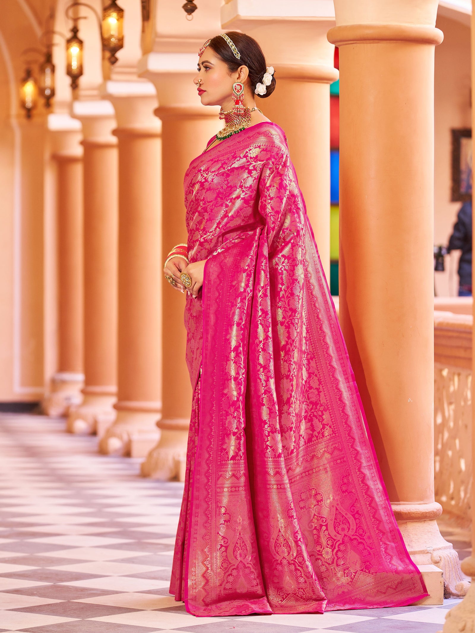 Rani Pink Elegant Silk Patola Printed Saree with Unstitched Blouse Piece ClothsVilla