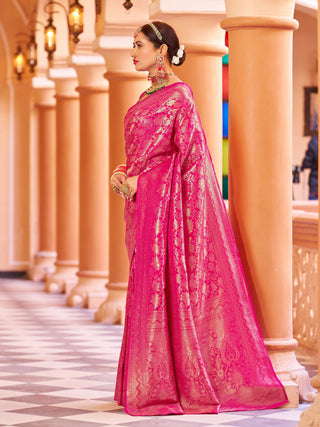 Rani Pink Elegant Silk Patola Printed Saree with Unstitched Blouse Piece ClothsVilla