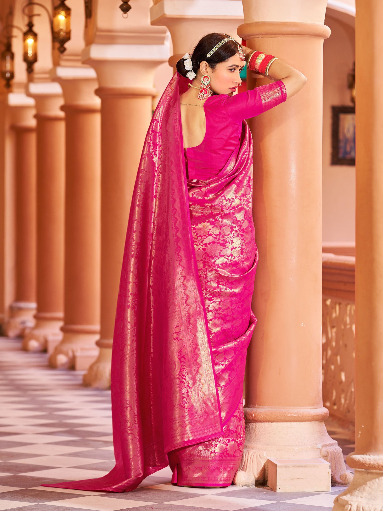 Rani Pink Elegant Silk Patola Printed Saree with Unstitched Blouse Piece ClothsVilla