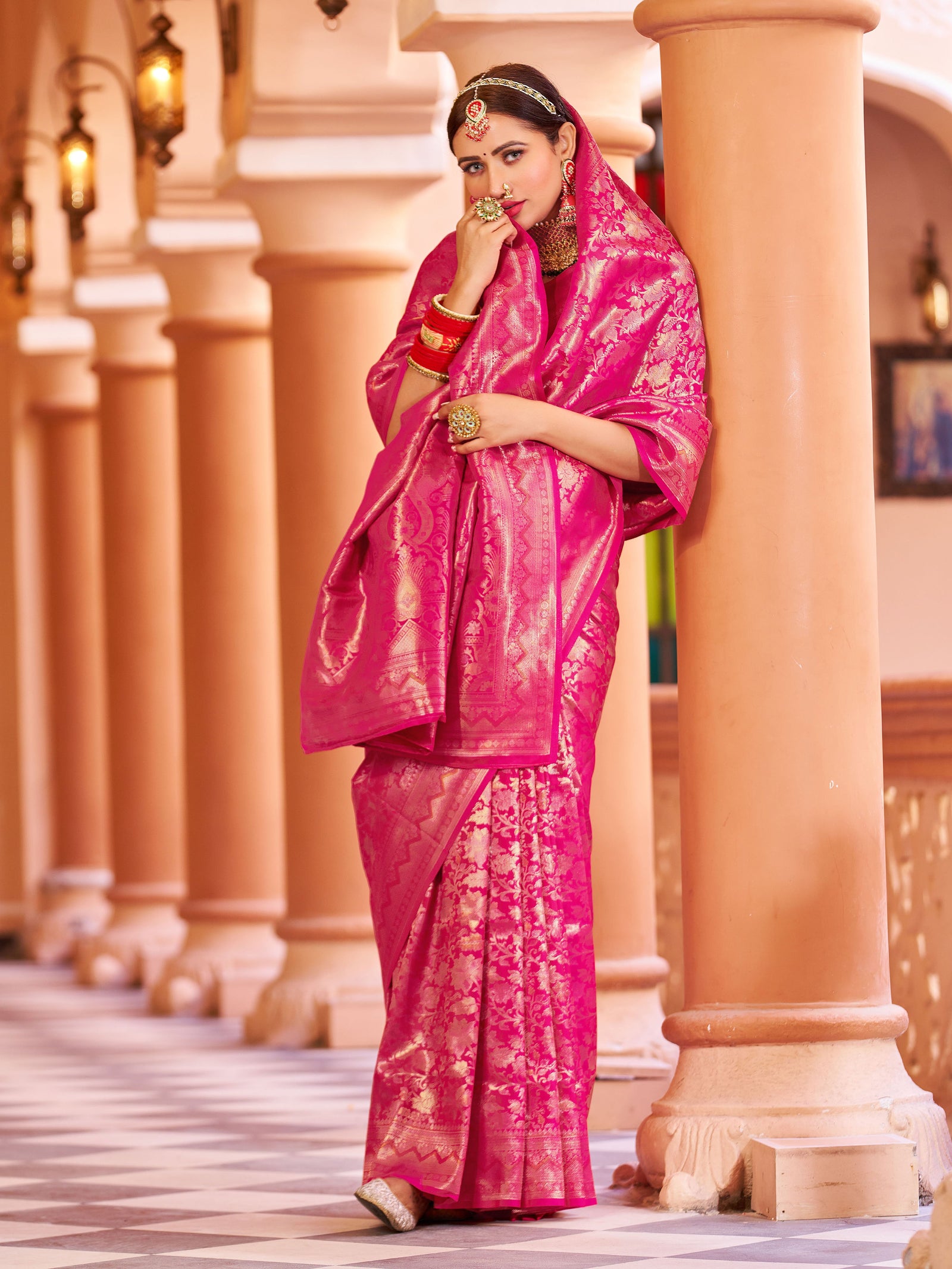 Rani Pink Elegant Silk Patola Printed Saree with Unstitched Blouse Piece ClothsVilla