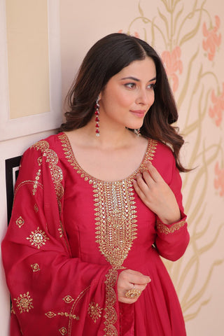 Rani Pink Elegant Star Georgette Gown with Zari & Sequins Embroidery and Designer Dupatta ClothsVilla
