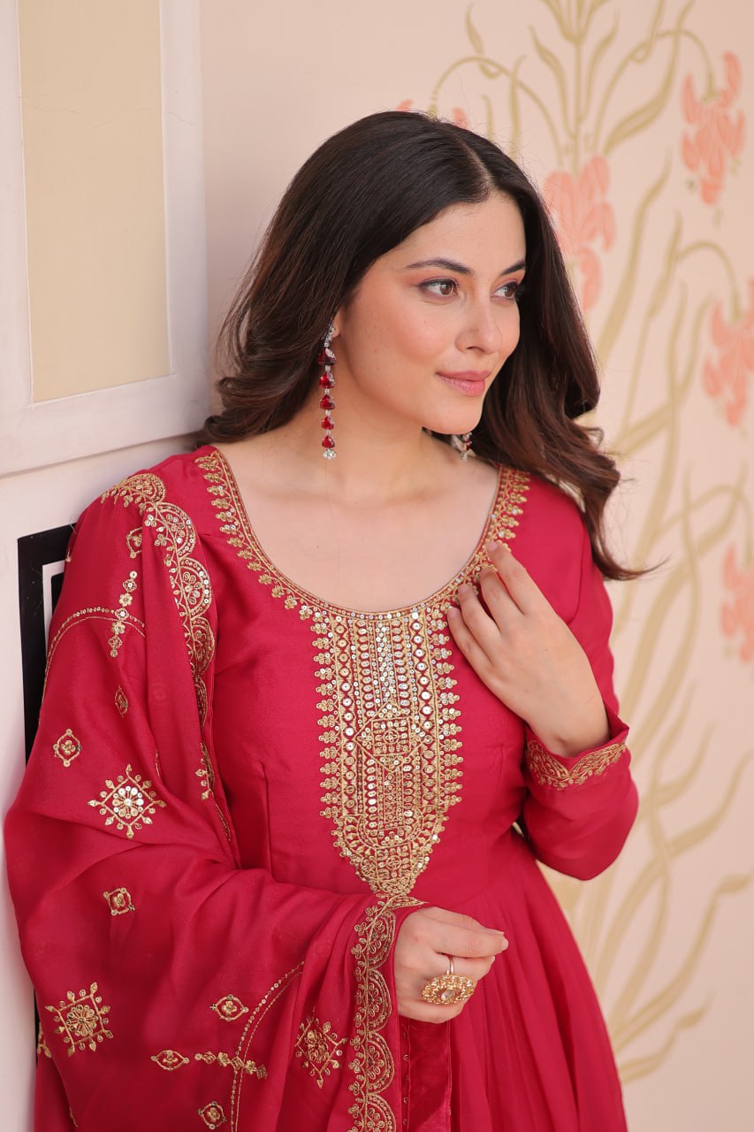 Rani Pink Elegant Star Georgette Gown with Zari & Sequins Embroidery and Designer Dupatta ClothsVilla